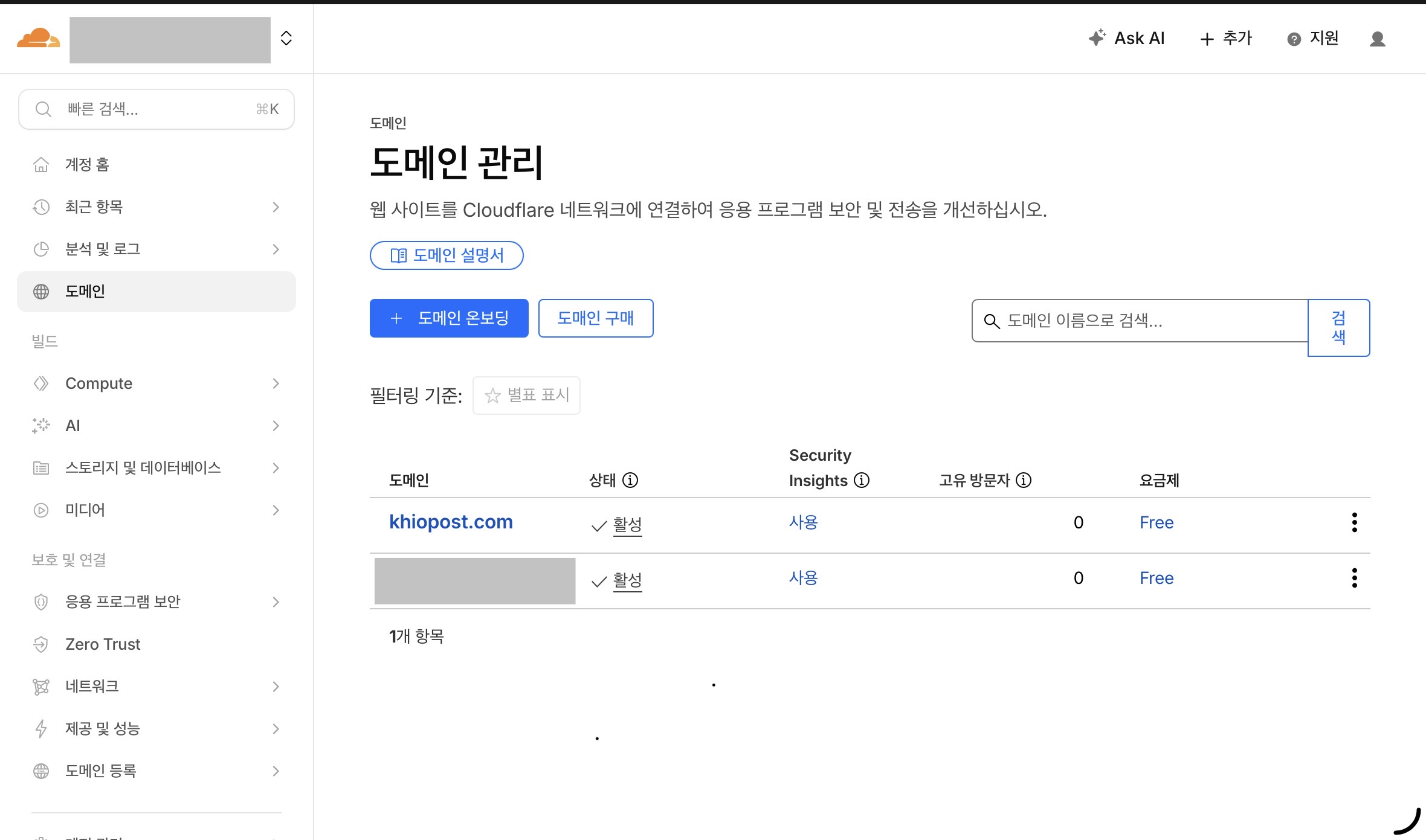 워드프레스 블로그 만들기 — 클라우드플레어 DNS 및 보안 설정 활성화 화면