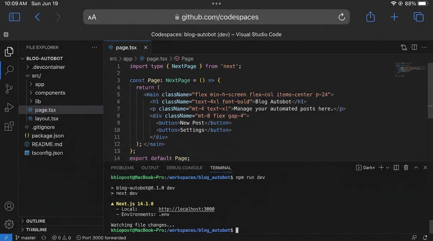 GitHub Codespaces — iPad Safari에서 VS Code 에디터와 터미널