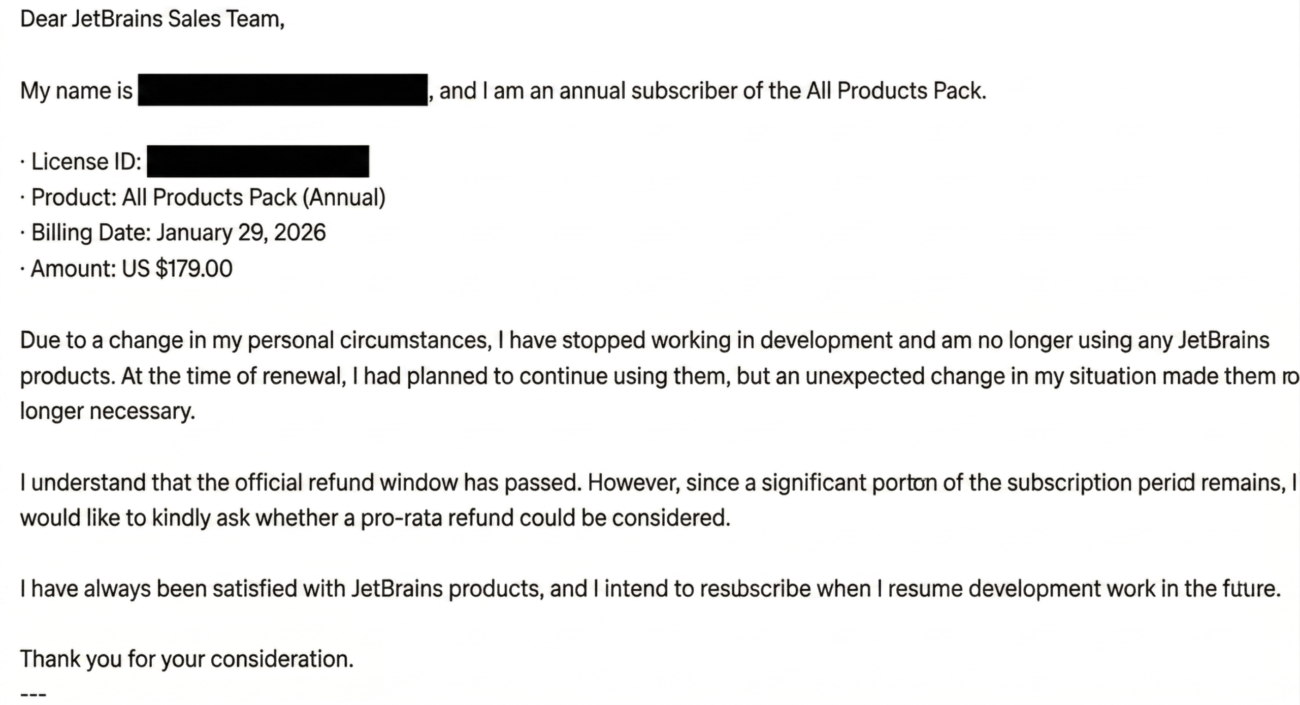 JetBrains 환불 — 부분환불 요청 메일 내용