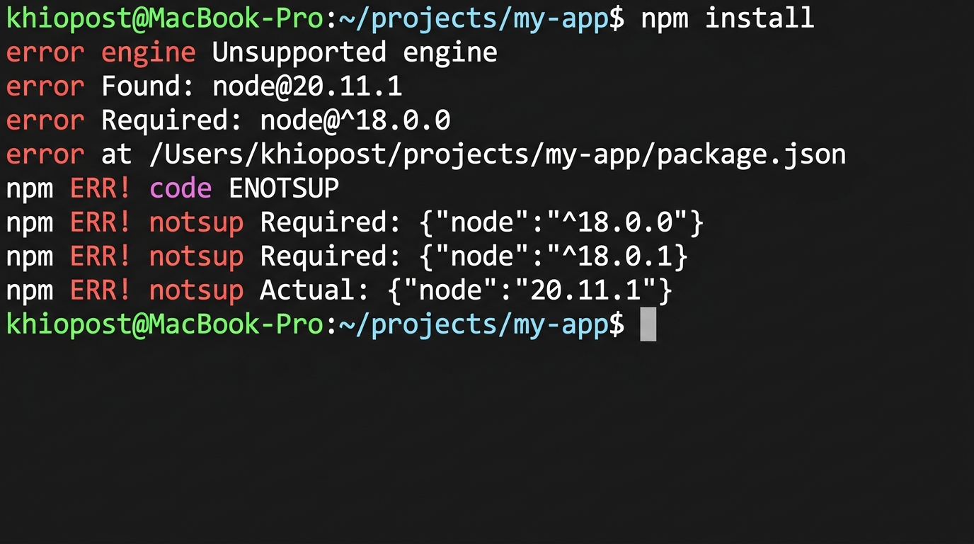 nvm — Node.js 버전 충돌 에러 화면