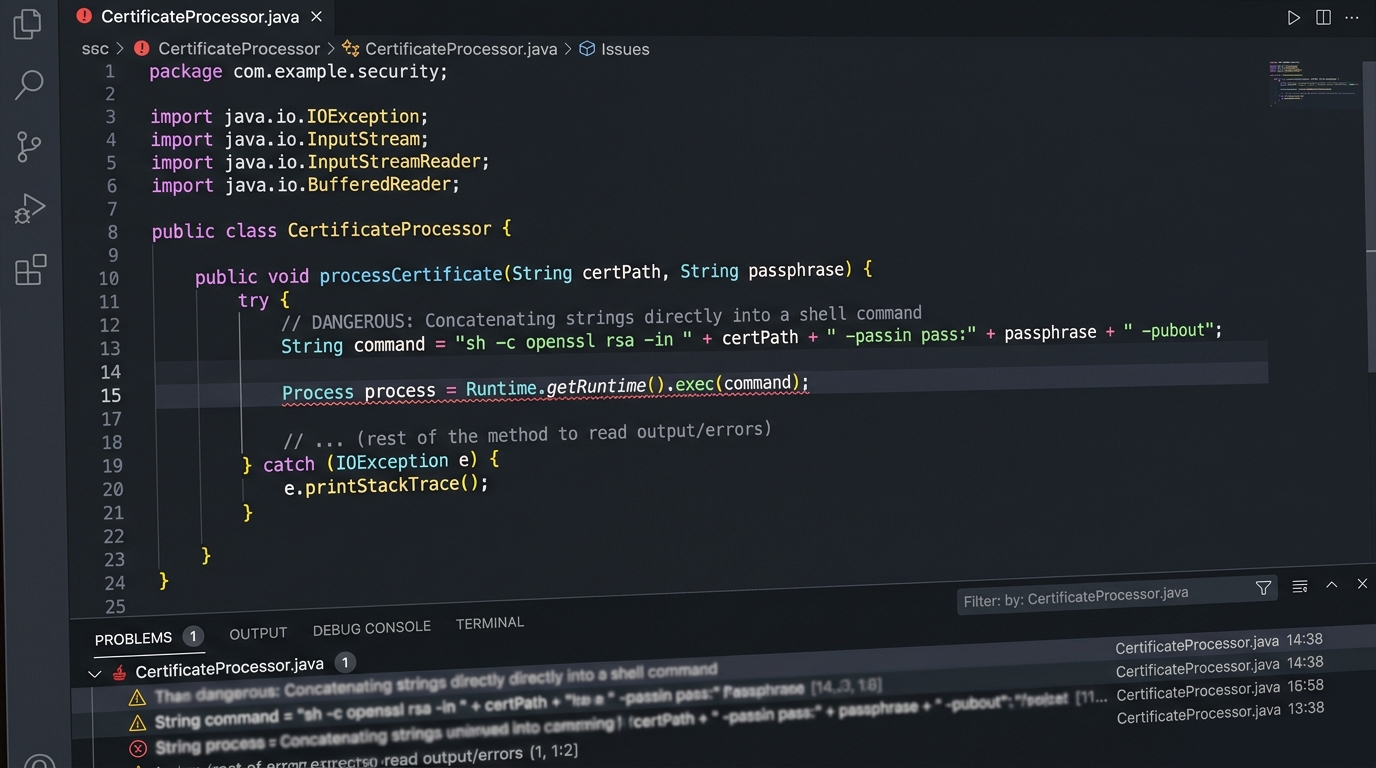 SonarQube Command Injection — IDE 정적 분석 경고 화면