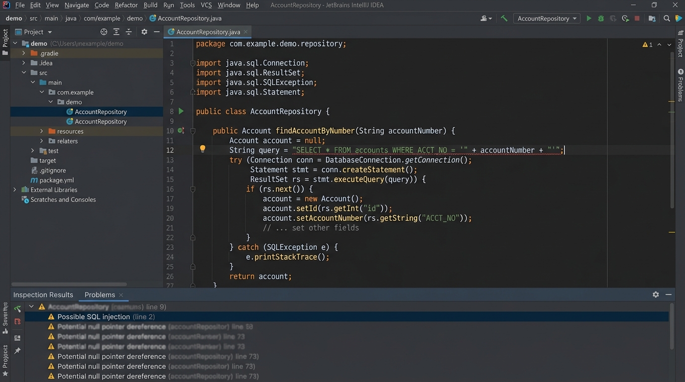 SonarQube SQL Injection — IDE 정적 분석 경고 화면