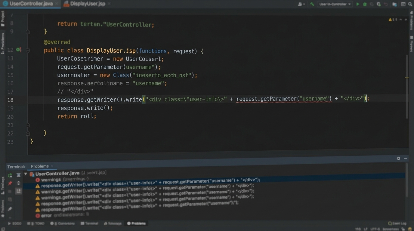 SonarQube XSS — IDE 정적 분석 경고 화면