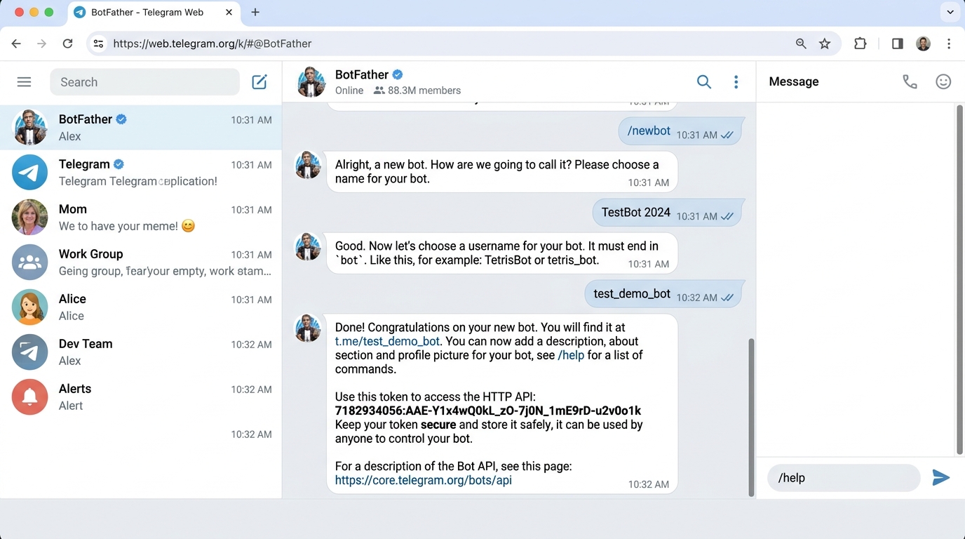 Telegram — 설정 및 실행 결과 화면