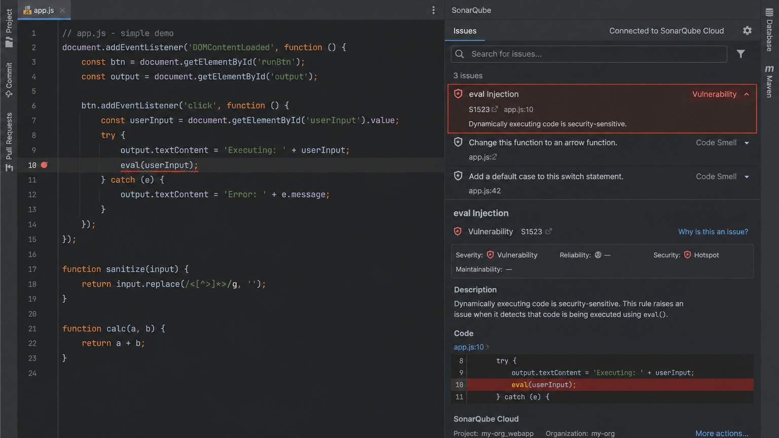 SonarQube eval Injection — S1523 Security Hotspot 경고 화면