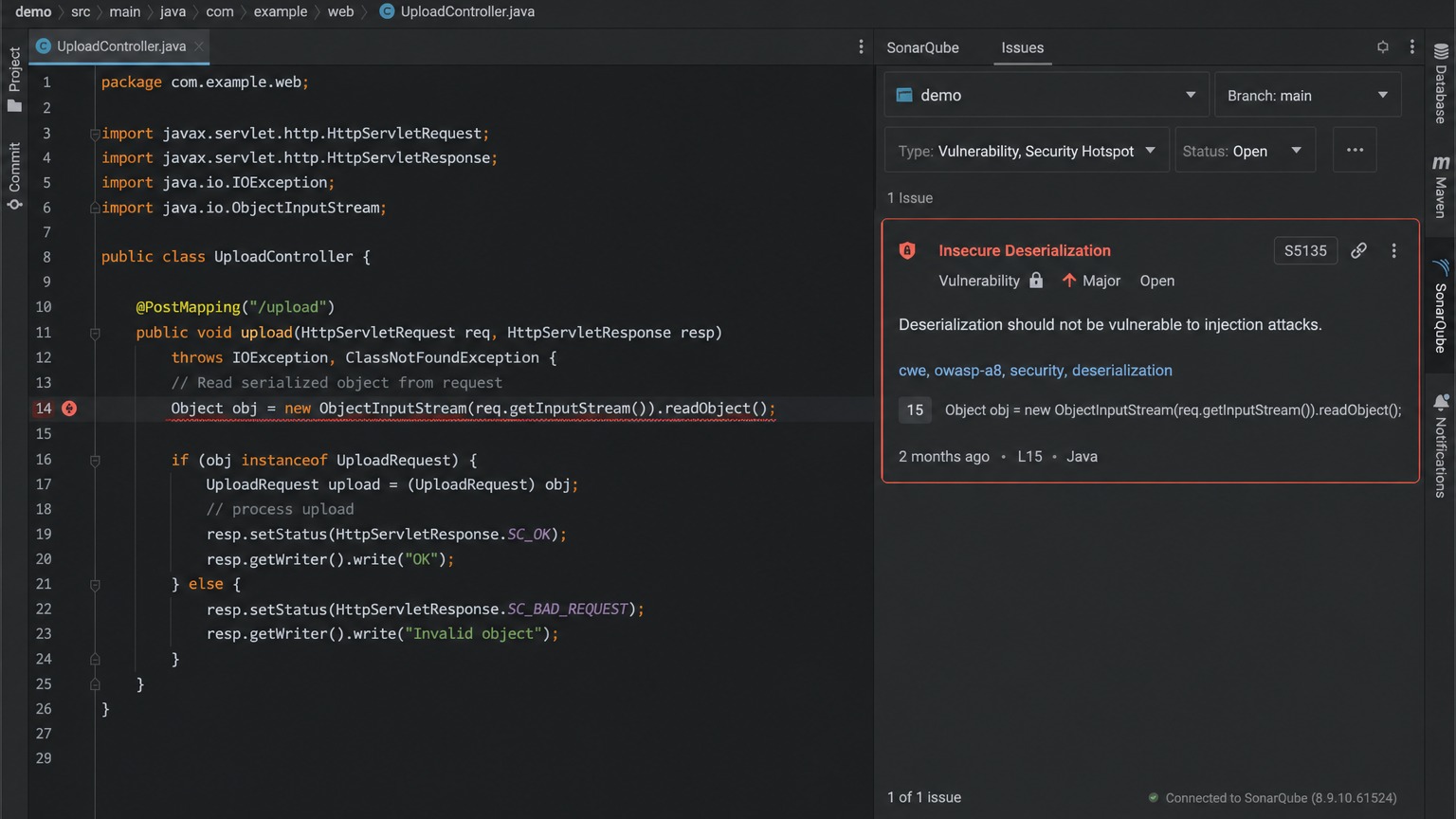 SonarQube Deserialization — S5135 룰 경고 화면