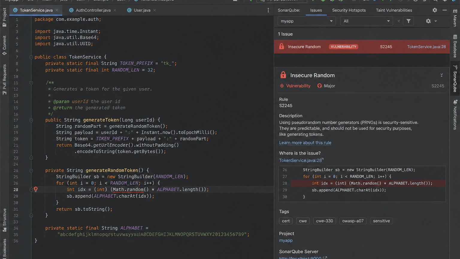 SonarQube Insecure Random — S2245 룰 경고 화면