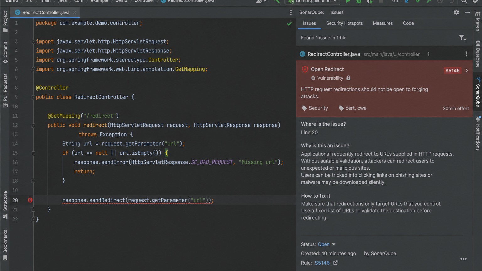 SonarQube Open Redirect — S5146 룰 경고 화면