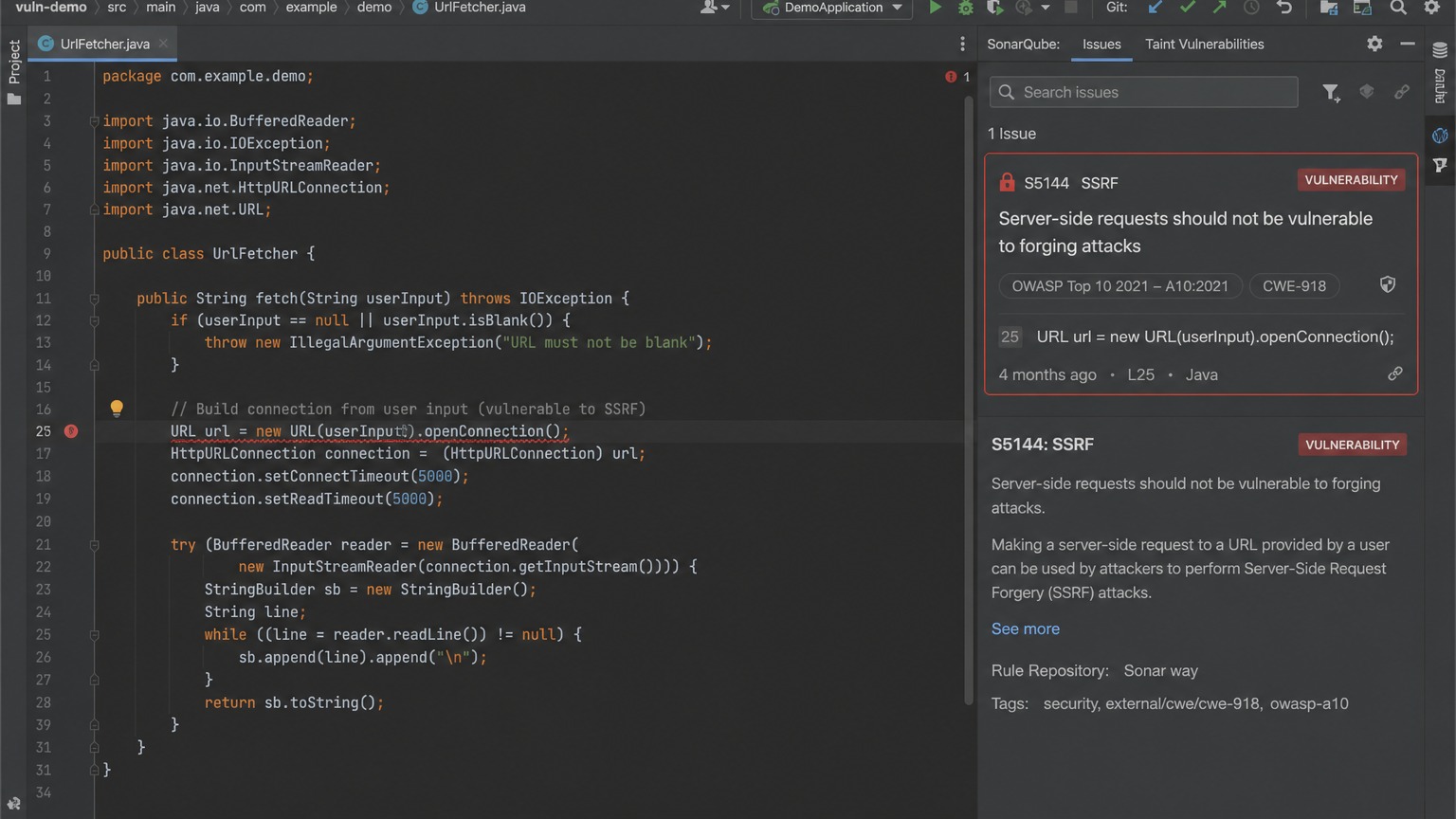 SonarQube SSRF — S5144 룰 경고 화면