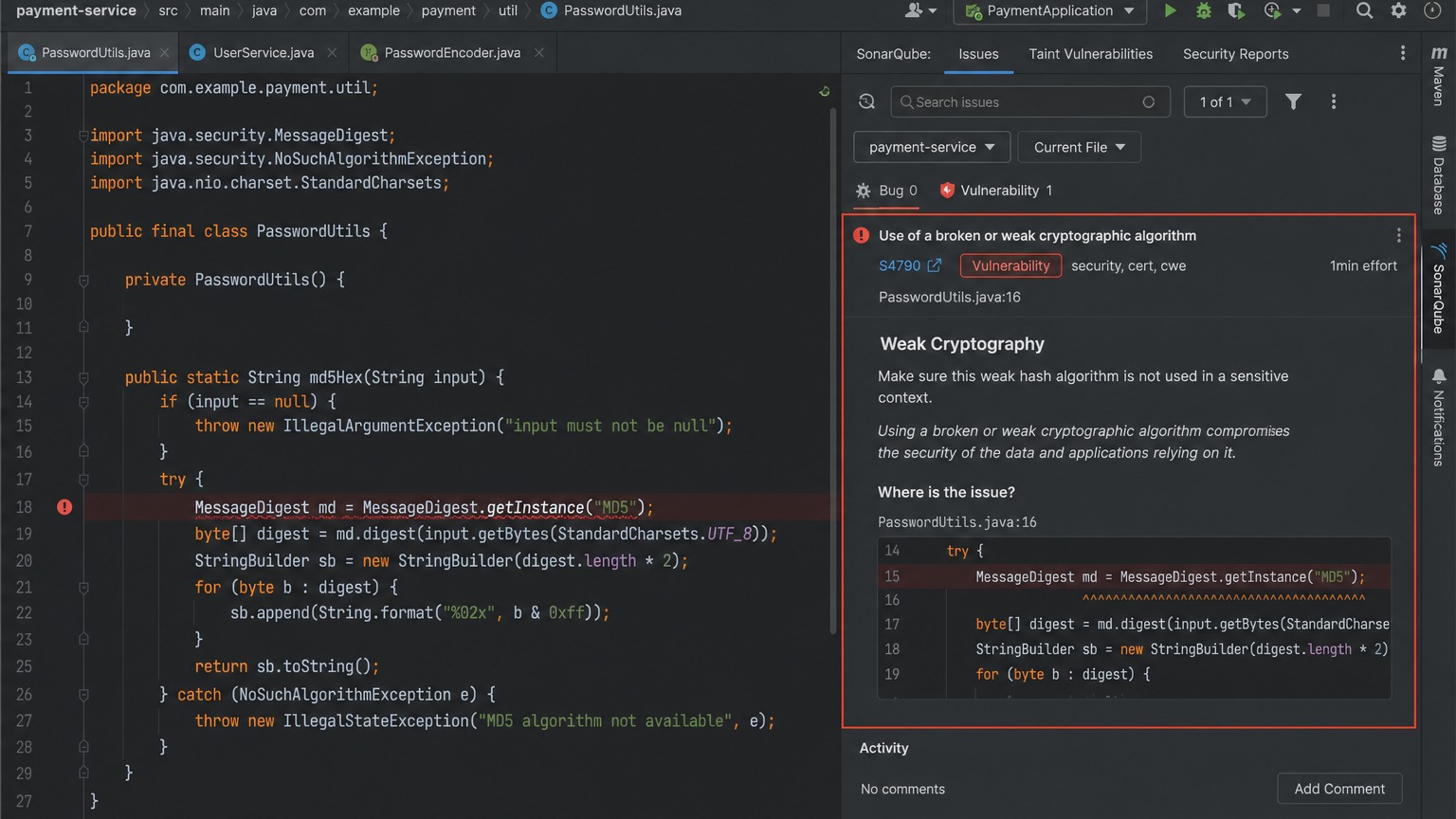 SonarQube Weak Cryptography — S4790 룰 경고 화면